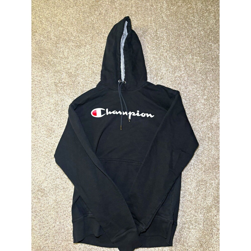 Champion Men's Fleece Pullover Hoodie Logo Print Black Cotton Blend XL